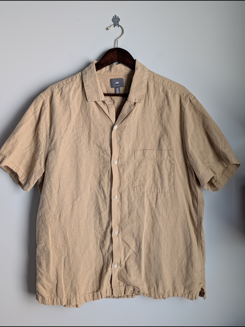H&M Tan Linen Short Sleeve Button Sown Shirt Men's Large Luxury Summer Resort